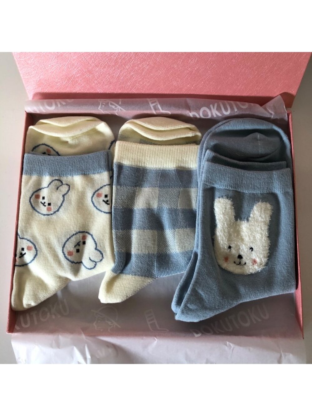 Dokutoku Crew Socks Box Gift Set 3 Pairs Bunny Rabbit Animal Patterns Easter NEW
